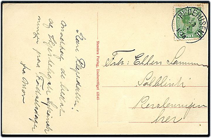 5 øre Chr. X på lokalt brevkort (Snekkersten) annulleret med lapidar VI Hedehusene d. 23.2..1918. Lapidar VI stemplet kende anvendt i 1895 og som reservestempel i perioden 22.2.-26.3.1918. Skilling: 1200,- 