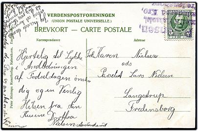 5 øre Fr. VIII på brevkort dateret Asminderød annulleret med privat stempel P. Jensen Kolonial & Vinhandel Asminderød Kro Fredensborg til Langstrup pr. Fredensborg. Stemplet ikke tidligere set som annullering.