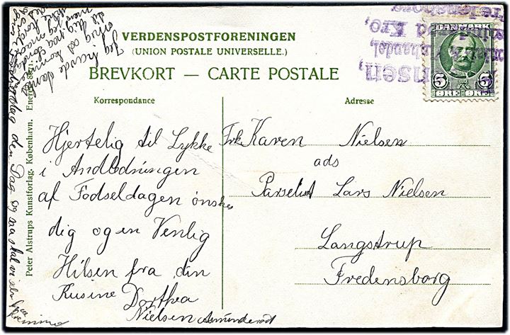 5 øre Fr. VIII på brevkort dateret Asminderød annulleret med privat stempel P. Jensen Kolonial & Vinhandel Asminderød Kro Fredensborg til Langstrup pr. Fredensborg. Stemplet ikke tidligere set som annullering.