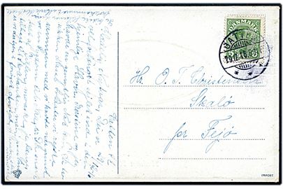 5 øre Chr. X på brevkort fra Galten d. 29.12.1916 til Skalø pr. Fejø. Skalø har siden 1869 været forbundet med Fejlø med en dæmning.