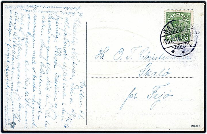 5 øre Chr. X på brevkort fra Galten d. 29.12.1916 til Skalø pr. Fejø. Skalø har siden 1869 været forbundet med Fejlø med en dæmning.