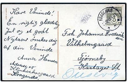 3 øre Bølgelinie på lokalt julekort annulleret med brotype IIIb Kragenæs d. 23.12.1915 til Tjørneby pr. Kastager St. - omadresseret til pr. Onsevig.