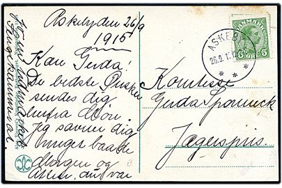 5 øre Chr. X på brevkort annulleret med brotype IIIb Askeby d. 26.9.1915 til Jægerspris.