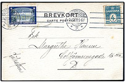 4 øre Bølgelinie og Julemærke 1908 på håndtegnet julekort (Sys Hansen (?)) sendt som lokalt brevkort i Kjøbenhavn d. 24.12.1908. Påskrevet Juleaften.