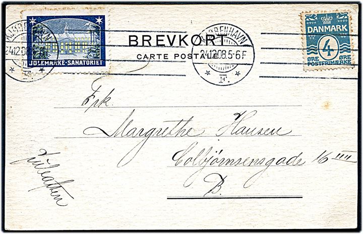 4 øre Bølgelinie og Julemærke 1908 på håndtegnet julekort (Sys Hansen (?)) sendt som lokalt brevkort i Kjøbenhavn d. 24.12.1908. Påskrevet Juleaften.