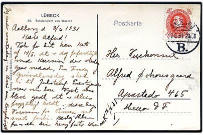 15 øre Chr. X 60 år på brevkort stemplet aalborg B. d. 3.6.1931 til Mexico. På bagsiden rødt ank.stempel d. 18.6.1931. God destination.