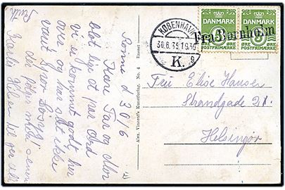 5 øre Bølgelinie (2) på brevkort fra Rønne annulleret med skibsstempel Fra Bornholm og sidestemplet København d. 30.6.1935 til Helsingør.
