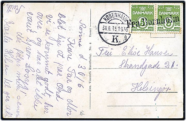 5 øre Bølgelinie (2) på brevkort fra Rønne annulleret med skibsstempel Fra Bornholm og sidestemplet København d. 30.6.1935 til Helsingør.