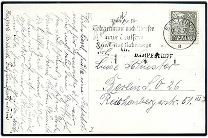 20 øre Karavel på brevkort (Københavns Tivoli) annulleret med tysk stempel i Stettin d. 2.8.1935 og sidestemplet Aus Dampfschiff * til Berlin, Tyskland.