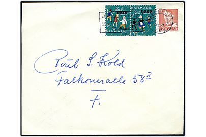 30 øre Fr. IX og Julemærke 1959/1953 provisorium i parstykke på lokalt brev i København d. 23.12.1959.