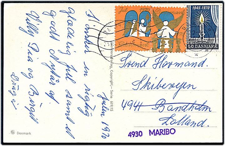 50 øre Befrielsen 25 år og Julemærke 1970 (2) på julekort fra Dragør d. 22.12.1970 til Skibevejen 4941 Bandholm - omadresseret med stempel 4930 Maribo.