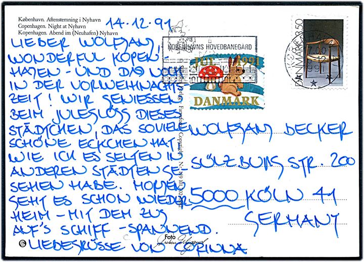 3,50 kr. Brugskunst og Julemærke 1991 på brevkort fra København d. 15.12.1991 til Köln, Tyskland.