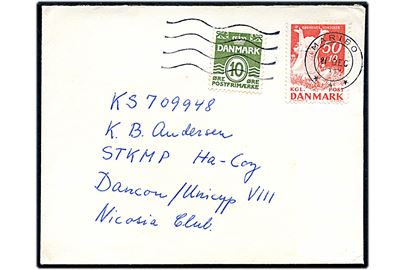 10 øre Bølgelinie og 50+10 øre Børnenes Kontor på brev fra Maribo d. 21.12.1967 til FN-soldat ved STKMP HQCOY DANCON/UNFICYP VIII Nicosia Club. Sendt til de danske FN-styrker på Cypern.