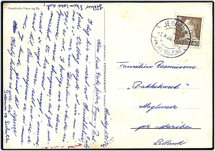 40 øre Fr. IX på brevkort annulleret med pr.-stempel Jegindø pr. Hvidbjerg d. 1.8.1966 til Maribo.