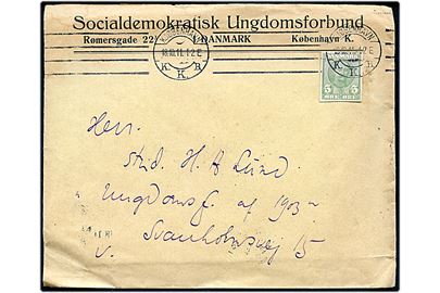 5 øre Fr. VIII helsagsafklip benyttet som frankering på fortrykt kuvert fra Socialdemokratisk Undomsforbund sendt lokalt i Kjøbenhavn d. 18.10.1911 til Ungdomsf. af 1903 - det senere DDU (De Danske Ungdomsforeninger).