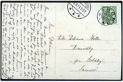 5 øre Chr. X på brevkort (Skrigbjerggaard (?)) annulleret med stjernestempel RØRBY og sidestemplet Kalundborg d. x5.11.1914 til Brundby pr. Koldby på Samsø.