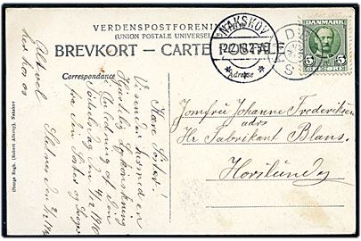5 øre Fr. VIII på brevkort (Tvede Mejeri og Svinsbjerg Mølle) annulleret med stjernestempel SANDBY og sidestemplet Nakskov d. 2.12.1910 til Horslunde.