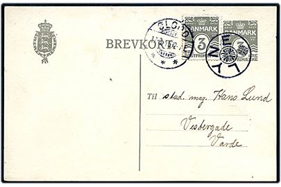 3 øre helsagsbrevkort opfrankeret med 3 øre Bølgelinie annulleret med stjernestempel LYNE og sidestemplet Ølgod d. 17.8.1915 til Varde.