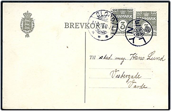 3 øre helsagsbrevkort opfrankeret med 3 øre Bølgelinie annulleret med stjernestempel LYNE og sidestemplet Ølgod d. 17.8.1915 til Varde.