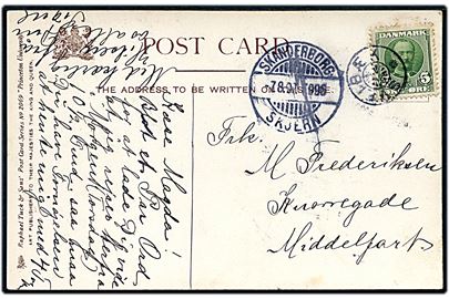 5 øre Fr. VIII på brevkort annulleret med stjernestempel SVEIBÆK og sidestemplet bureau Skanderborg - Skjern T.996 d. 7.8.1907 til Middelfart.