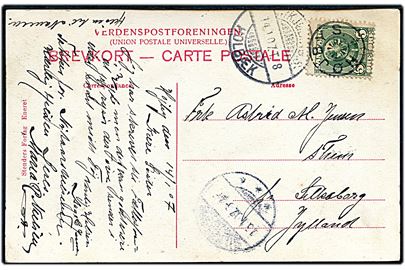 5 øre Chr. IX på brevkort annulleret med stjernestempel HØJBY S. og sidestemplet bureau Nykjøbing S - Holbæk T.8 d. 14.1.1907 til Silkeborg.