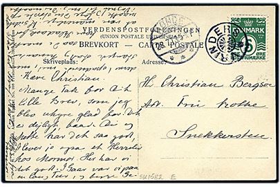 5 øre Bølgelinie på brevkort annulleret med stjernestempel VRINDERS og sidestemplet Rønde d. 28.7.1913 til Snekkersten.