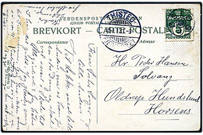 5 øre Bølgelinie på brevkort annulleret med stjernestempel ØSLØS og sidestemplet bureau Thisted - Fjerritslev T.13 d. 15.4.1913 til Horsens.