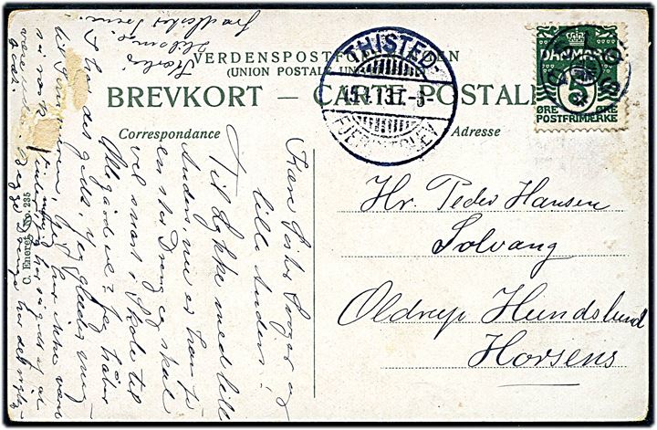 5 øre Bølgelinie på brevkort annulleret med stjernestempel ØSLØS og sidestemplet bureau Thisted - Fjerritslev T.13 d. 15.4.1913 til Horsens.