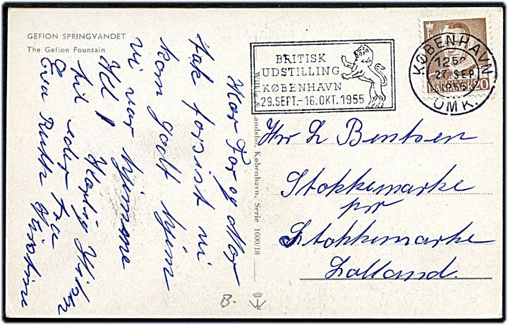 20 øre Fr. IX på brevkort annulleret med TMS Britisk Udstilling København 29. Sept. - 16. Okt. 1955 / København OMK. d. 27.9.1955 til Stokkemarke.