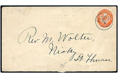 3 cents helsagskuvert annulleret med antiqua St. Jan d. 27.4.1900 til St. Thomas. Bagklap mgl.