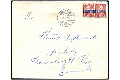 15 øre Chr. X i parstykke på brev annulleret med blåt liniestempel MESTERS VIG og sidestemplet Grønlands Postkontor København K. d. 1.4.1953 til Knarreborg St., Danmark.