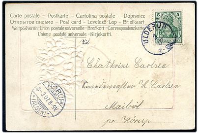 5 pfg. på brevkort annulleret med enringsstempel Ulderup d. 2.3.1907 til Maibøl pr. Hørup på Als. Ank.stemplet Hörup * (Alsen) * d. 3.3.1907.