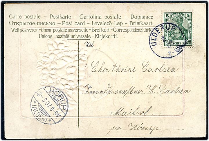 5 pfg. på brevkort annulleret med enringsstempel Ulderup d. 2.3.1907 til Maibøl pr. Hørup på Als. Ank.stemplet Hörup * (Alsen) * d. 3.3.1907.