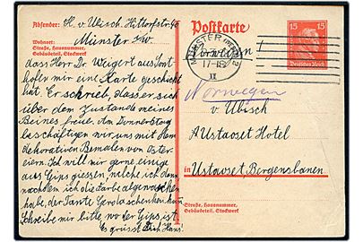 15 pfg. Kant helsagsbrevkort fra Münster d. 9.3.1928 til Ulstaoset på Bergensbanen i Norge.