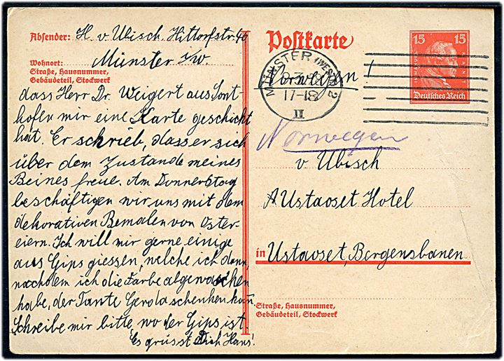 15 pfg. Kant helsagsbrevkort fra Münster d. 9.3.1928 til Ulstaoset på Bergensbanen i Norge.