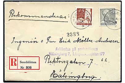 15 öre Svenska i USA og 50 öre Gustaf på anbefalet brev fra Smedslätten d. 28.4.1948 til Hälsingborg.