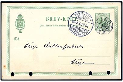 5 øre Chr. IX helsagsbrevkort annulleret med stjernestempel LANGEBÆK og sidestemplet bureau Masnedsund - Kallehave T.6 d. 10.8.1907 til Stege. Anvendt 6 dage senere end registreret af Bendix. Arkivhuller.