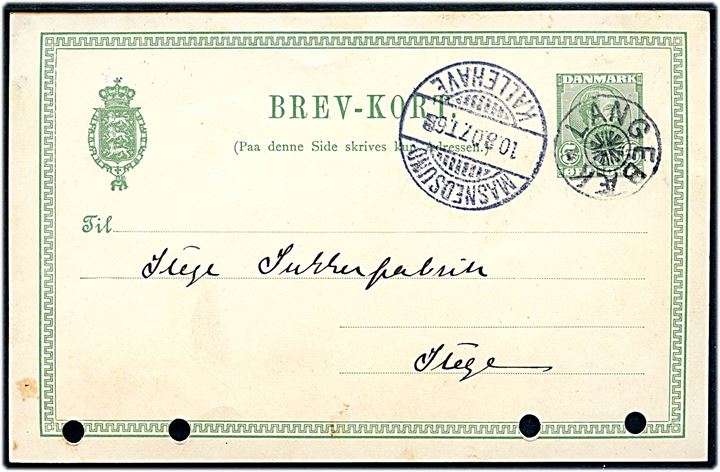 5 øre Chr. IX helsagsbrevkort annulleret med stjernestempel LANGEBÆK og sidestemplet bureau Masnedsund - Kallehave T.6 d. 10.8.1907 til Stege. Anvendt 6 dage senere end registreret af Bendix. Arkivhuller.