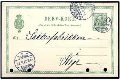 5 øre Fr. VIII helsagsbrevkort annulleret med stjernestempel STENSVED og sidestemplet bureau Masnedsund - Kallehave T.6 d. 1.8.1907 til Stege. Arkivhuller.