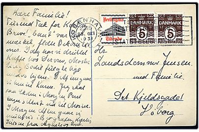 5 øre Bølgelinie + Berlingske Tidende reklamemærke i parstykke og 5 øre Bølgelinie på brevkort fra København d. 23.10.1931 til Søborg.