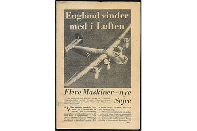 Nedkastet Flyveblad. England vinder med i Luften. Flere Maskiner - nye Sejre. (Formular 813). Flyveblad nedkastet over Danmark af Royal Air Force i 1941.
