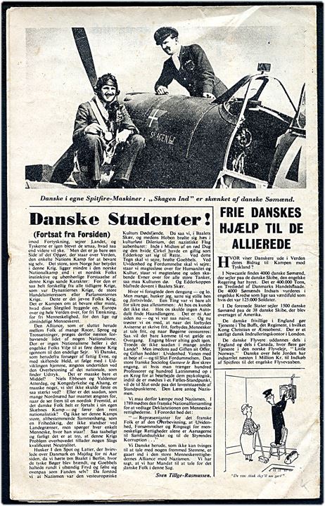 Nedkastet Flyveblad. Hilsen fra England til Mødet i Gerløv 1942 No. 1 (Formular D.4). Flyveblad på  5 sider nedkastet af Royal Air Force. På bagsiden billede at den danske Spitfire maskine i Royal Air Force Skagen Ind og danske piloter.