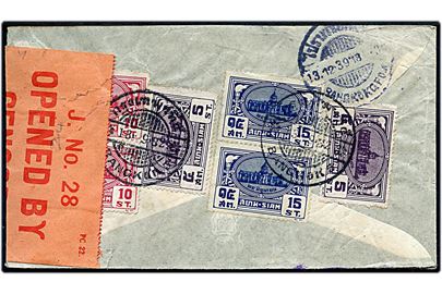 5 st. (2), 10 st. (par) og 15 st. (par) Palads på bagsiden af luftpostbrev fra Bangkok d. 13.12.1939 til København, Danmark. Åbnet af britisk censur i Palæstina PC22 / J. No. 28 Opened by Censor.