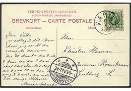 5 øre Chr. IX på brevkort annulleret med lapidar stempel Maribo d. 6.6.1906 via Saxkjøbing til Guldborg F.