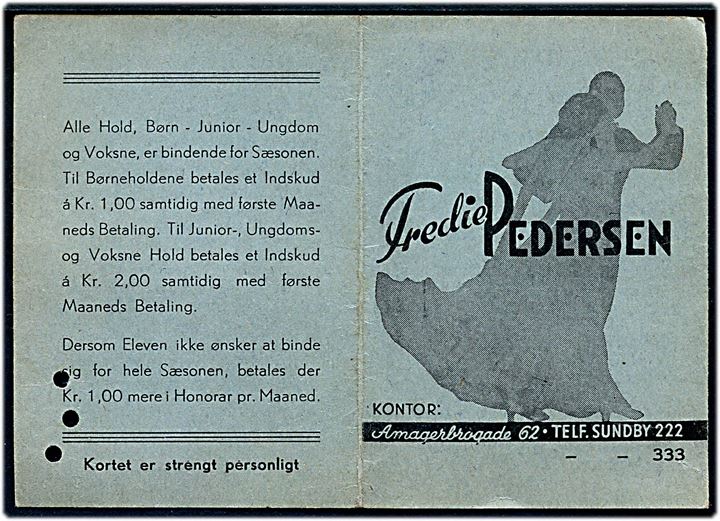 Elevkort fra Fredie Pedersens danseskole med kontingentmærker.