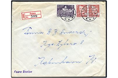 15 øre Frimærkejubilæum og 25 øre Fr. IX i parstykke på anbefalet brev fra Faare d. 12.9.1951 til København. Liniestempel: Faare Station.