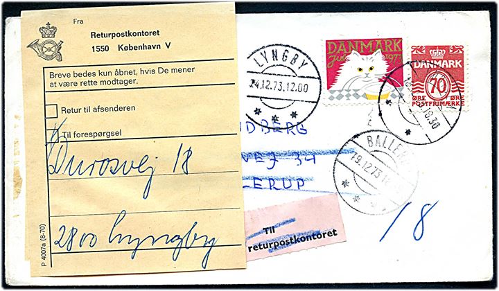 70 øre Bølgelinie og Julemærke 1972 på brev fra Gudhjem d. 18.12.1972 til Ballerup. Ubekendt og forespurgt via Returpostkontoret med etiket P 4007a (8-70) i Lyngby.