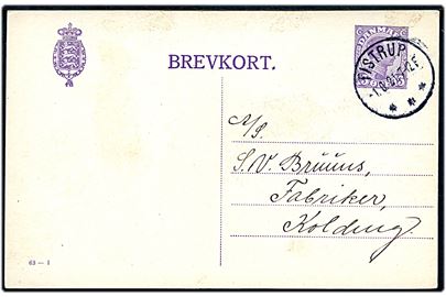 15 øre Chr. X helsagsbrevkort (fabr. 63-I) annulleret med brotype IIIb Tistrup d. 1.8.1921 til Kolding.