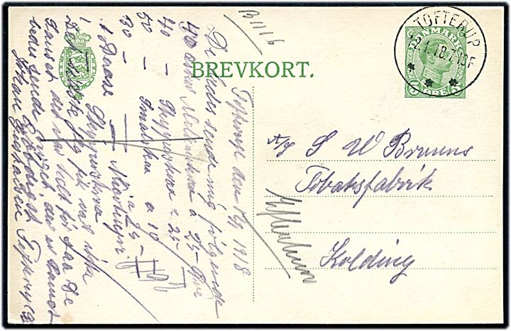 5 øre Chr. X helsagsbrevkort annulleret med brotype IIIb Tofterup d. 12.1.1918 til Kolding.