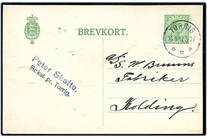 5 øre Chr. X helsagsbrevkort annulleret med brotype IIIb Torrig d. 16.9.1917 til Kolling.